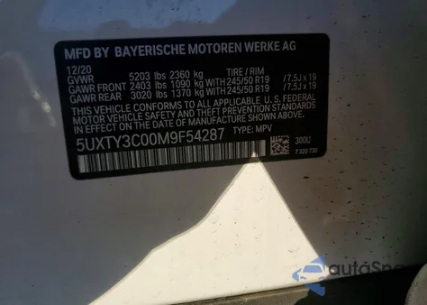 2021 BMW X3 Sdrive30I z USA, uszkodzony, nr VIN 5UXTY3C00M9F54287
